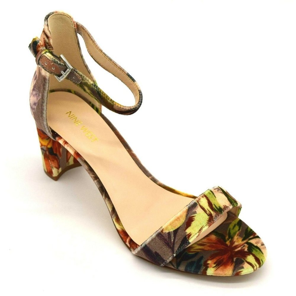Nine West Multicolor Floral Ankle-Strap Block Heel Sandals